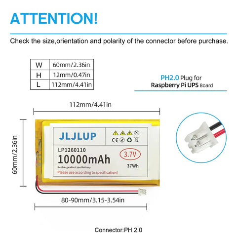 Diagram of Beefy 10000mAh 3.7V LiPo Battery 1S With PH2.0 Plug Protective Board Insulated Coating Rechargeable Lithium Polymer Pack.