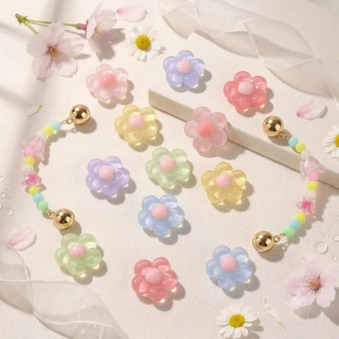 Pastel Jelly Daisy Flower Shoe Charms Set With Glossy Bling Floral Buckles, 12 resin flower clips in pastel colors for sneakers.