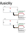 Wiring diagram for MDC5 Ceramic Magnet Soapbar Style Bass Pickup Set for 5 String Neck and Bridge with 14.4K Output, showing connections.