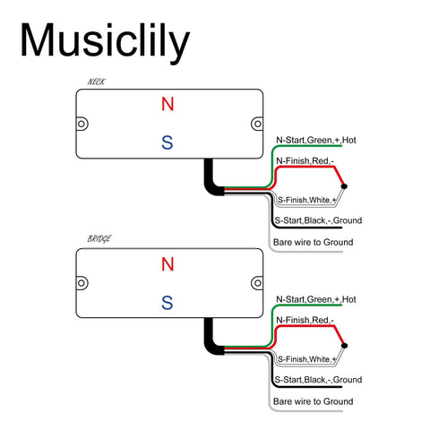Wiring diagram for MDC5 Ceramic Magnet Soapbar Style Bass Pickup Set for 5 String Neck and Bridge with 14.4K Output, showing connections.