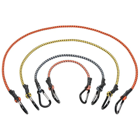 Heavy Duty Carabiner Bungee Cords Set, 12 Pack In Assorted Colors And Sizes, 18 Inch, 24 Inch, 36 Inch, And 48 Inch, coiled on white background