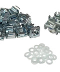 No Sweat Mounting 25 Count 10-32 Cage Nut And Screw Combo Pack With Pilot Point Screws And Protective Washers arranged in groups.