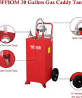 30 Gallon Portable Heavy Duty Gas Caddy With Wheels, showing tank, siphon pump, level gauge, and anti-static ground clamp.