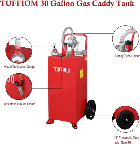 30 Gallon Portable Heavy Duty Gas Caddy With Wheels, showing tank, siphon pump, level gauge, and anti-static ground clamp.