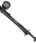 High Pressure Shock Pump For Mountain, Road Bikes And Motorcycles With Gauge, 300 Psi Capacity, front view showing gauge and hose.