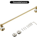 Gold Crystal Towel Bar With Adjustable Rack For That Boss Vibe Luxury Gold Finished Wall Mounted Towel Holder Space Saving Single Rail With Crystal End Balls And Bonus Hook For Bath Accessories, shown with mounting hardware.