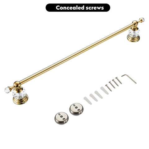 Gold Crystal Towel Bar With Adjustable Rack For That Boss Vibe Luxury Gold Finished Wall Mounted Towel Holder Space Saving Single Rail With Crystal End Balls And Bonus Hook For Bath Accessories, shown with mounting hardware.