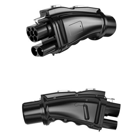 Top Shelf Heavy Duty Ccs2 To Chademo Adapter For Blazing 250A Dc EV Charging Supplies, durable black aluminum connector for fast charging.