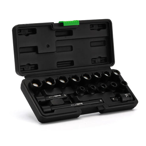 Shallow Magnetic Impact Socket Set For Three Eighths Inch Drive, 16 Piece, Metric 7mm To 19mm, 6 Point CRMO Steel in case