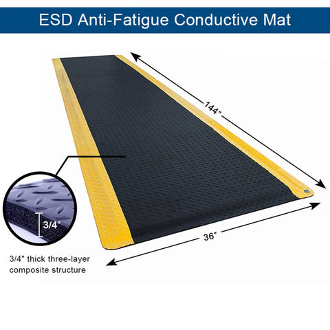 ESD Anti Fatigue Conductive Floor Mat Three By Twelve Foot Heavy Duty Diamond Plate with Yellow Safety Border, black, 3/4 inch thick