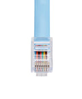 Close-up of RJ45 connector on blue Cisco Console Rollover Cable 6 Ft M To M RJ45 Flat Molded Blue Network Cable For Cisco Routers And Servers Easy Terminal Hookup Yost Serial Device Wiring Standard Compatible Great For IT Pros.