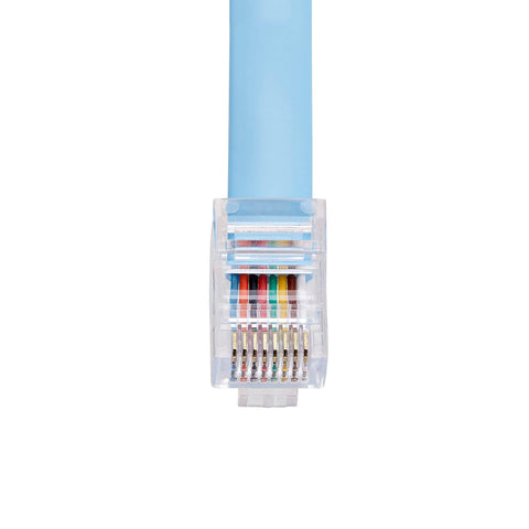 Close-up of RJ45 connector on blue Cisco Console Rollover Cable 6 Ft M To M RJ45 Flat Molded Blue Network Cable For Cisco Routers And Servers Easy Terminal Hookup Yost Serial Device Wiring Standard Compatible Great For IT Pros.