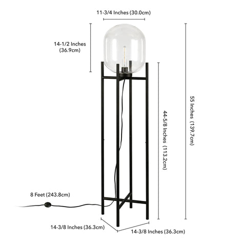 Diagram of Tall Floor Lamp With Glass Shade In Blackened Bronze And Clear Finish, 55 Inch, showing dimensions and cord length
