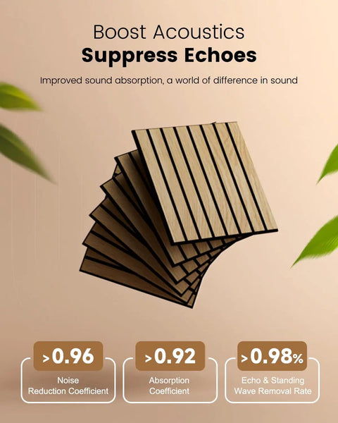 Heavy Duty Peel And Stick Acoustic Wall Tiles 12 Pack Sound Absorbing Panels showing stacked oak-style panels with sound ratings.