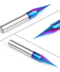 CNC Wood Carving Router Bit Set With One Quarter Inch Shank 15 Degree Detail Liner 20 Degree Profile Bit Plus 30 Degree 60 Degree And 90 Degree V Groove Bits Solid Carbide With Nano Blue Coating For Heat Resistance Max RPM 24000 For DIYers shown in close-up view.