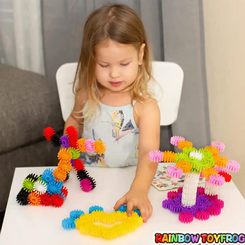 Child playing with Interlocking Gears Kit For Kids With Tote Bag Hands On Fun 100 Colorful Pieces For Sensory Play on table