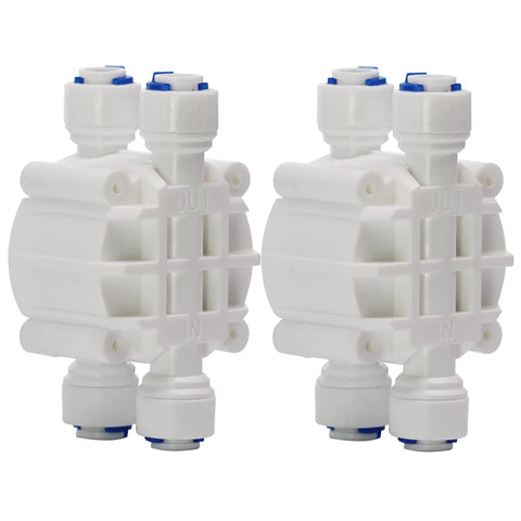 Pack Of 2 One Quarter Inch Automatic Shut Off Valve With Quick Connect Fittings For Reverse Osmosis Systems No Fuss Install Four Way Shutoff Auto Shutoff At Sixty Five Percent Tank Pressure Fits Most RO Units. white 1/4-inch RO auto shutoff valves with quick-connect fittings, pack of 2