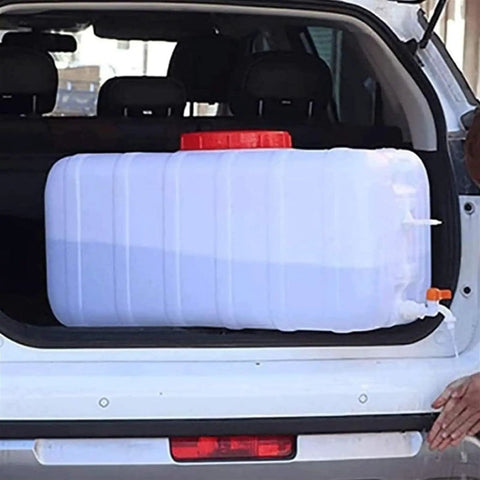 Food Grade Water Storage Tank 340L Plastic Storage Barrel in car trunk, suitable for home office school hotel and outdoor use.