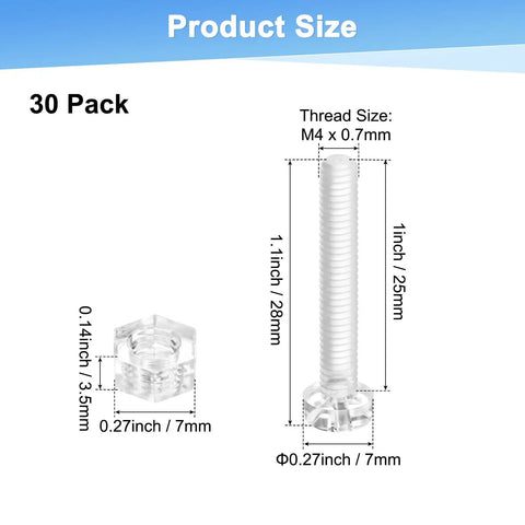 Clear Transparent Screws And Hex Nuts Kit, 30-Piece M4x25mm Acrylic Plastic Cross-Recessed Round Head Screws size diagram