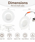 LOG BARN Recessed Lighting 6 Inch, 5CCT LED Can Lights for Ceiling with dimensions and specifications shown.