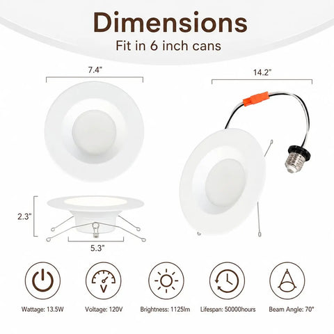 LOG BARN Recessed Lighting 6 Inch, 5CCT LED Can Lights for Ceiling with dimensions and specifications shown.