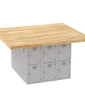Heavy Duty 12 Bay Locker Workbench Station, Gray Baked Enamel Steel Frame With Solid Hardwood Top, 64x54x33 shop table with lockers.