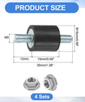 4 Pack M5 By 12mm Rubber Mounts 15mm By 15mm Cylindrical Anti Vibration Isolator Studs With Nuts For Cars, Bobbin, Generators And Air Compressors Heavy Duty. Size chart with M5 stud, 15mm rubber mount, 35mm total length and nuts