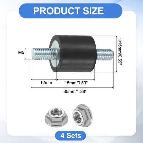 4 Pack M5 By 12mm Rubber Mounts 15mm By 15mm Cylindrical Anti Vibration Isolator Studs With Nuts For Cars, Bobbin, Generators And Air Compressors Heavy Duty. Size chart with M5 stud, 15mm rubber mount, 35mm total length and nuts