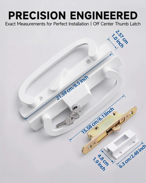 Keyed Sliding Patio Door Handleset With Off Center Thumb Latch And 45 Degree Keyway, white diecast, top view