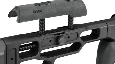 Close-up of ACC Elite Remington 700 SA RH Chassis System in durable black, showcasing tactical rig component details.