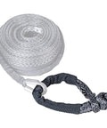 Four Pack Beefy Synthetic Soft Shackle Rope Set With Protective Sleeve 38,000 Lb Capacity Plus Two Red Recovery Rings 41,000 Lb Fits Three Eighths Inch Or One Half Inch Winch Ropes Ideal For Off Road ATV UTV SUV Boat Marine Farm Industrial Mining, showing a close-up of a single soft shackle with protective sleeve.