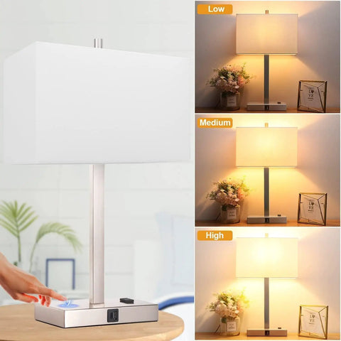21 Inch Touch Bedside Lamps Set Of 2 With USB And AC Outlets, 3 Way Dimmable Nightstand Lights In White Shade, brightness settings shown