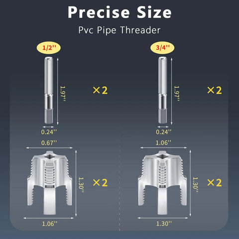 4Pcs Professional PVC Pipe Threader Kit NPT Cutting Dies for 1/2 and 3/4 Inch Pipes, showing sizes and steel cutting dies.