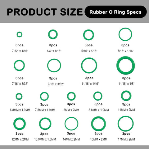 Size chart of Multi Size O Ring Kit For Car AC Repairs 139 Piece Set With 85 Washers And 54 Rubber Gaskets Universal Seal Kit