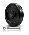 Hardcore Eight Inch By Two Inch Heavy Duty Casters Featuring High Temp Phenolic Wheels And Precision Rollers displayed with a bolt and nut.