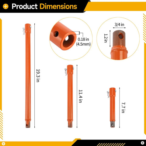 Three Piece Auger Extension Drill Bits Set With Long Reach 7.7 Inch 11.4 Inch And 19.3 Inch Metal Shaft Earth Auger Drill Bit Extensions For Post Hole Digger With Safety Pin Orange with detailed dimensions