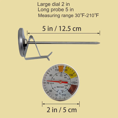 Milk Frothing Thermometer For Coffee And Chocolate Pro Grade Stainless Steel Temp Gauge with 2 Inch Dial and 5 Inch Stem