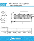 Diagram of M6 Button Head Socket Cap Screws Set, 6mm Thread, various lengths, 10.9 grade alloy steel, black oxide finish, fully threaded.