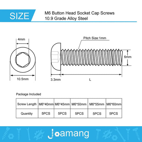 Diagram of M6 Button Head Socket Cap Screws Set, 6mm Thread, various lengths, 10.9 grade alloy steel, black oxide finish, fully threaded.
