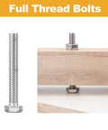304 stainless steel full-thread hex bolt; shown loose on left and installed through wood with nut and washer on right.