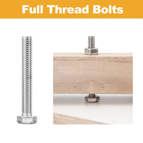 304 stainless steel full-thread hex bolt; shown loose on left and installed through wood with nut and washer on right.