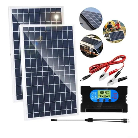 Compact 10W Solar Panel Kit With Integrated Charge Controller For Smooth 12V Battery Charging And Efficient Monocrystalline Performance Geared Up For Camping Tailgating And Off Grid Adventures To Keep Your Gear Juiced On The Trail with two panels and accessories.