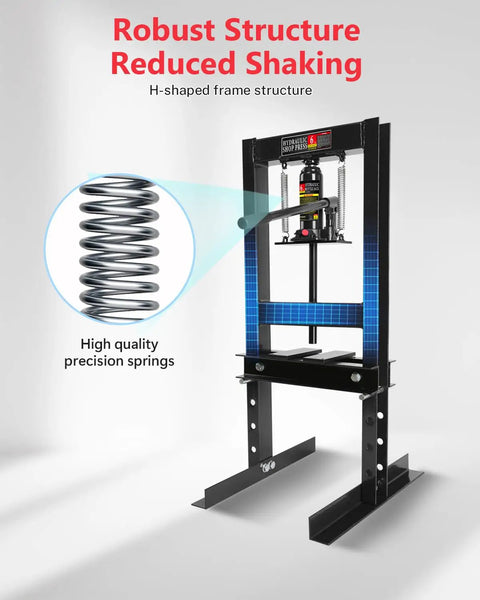 6 Ton Hydraulic Shop Press With Adjustable Worktable And Stamping Plates, H-frame showing robust structure and spring detail