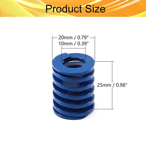 Two Pack Blue Light Load Die Springs For 3D Printers, 20 Mm Outer Diameter, 10 Mm Inner Diameter, 25 Mm Long, Closed Design High Precision, Compact And Durable Springs Ideal For Light Load Extrusion And Printer Mechanisms. blue spring size diagram