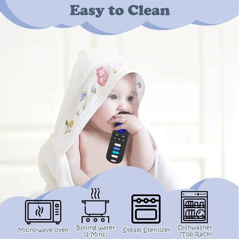 Baby with blanket chewing on black TV Remote Shaped Silicone Teething Toy For Babies 3 to 18 Months BPA Free Refrigerator Safe