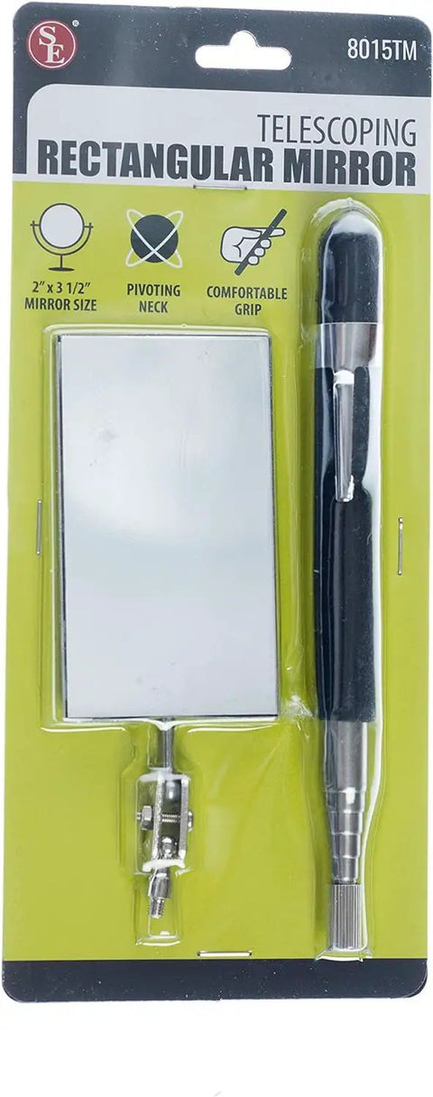 Telescoping 33 Inch Rectangular Inspection Mirror With Cushioned Grip Handle Adjustable Pivot Neck Extends From 7.25 Inches To 35 Inches displayed in packaging