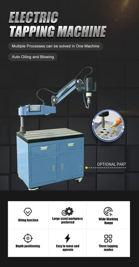 1200W Electric Tapping Machine For M4 To M24 Holes with flexible drilling head on blue workstation, featuring auto oiling and quick setup.