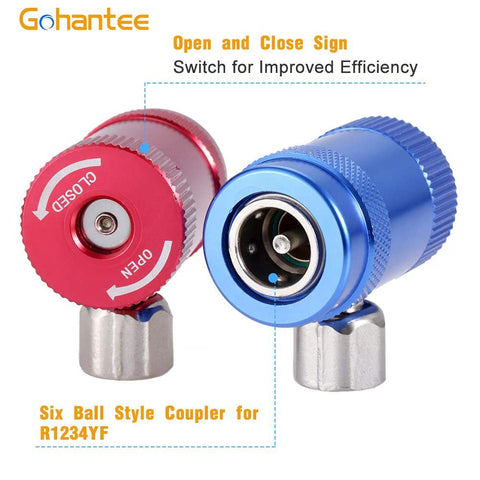 R1234YF quick coupler adapters, six-ball style, red and blue anodized aluminum, pair, by Gohantee