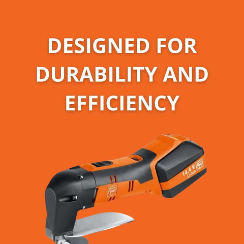 Cordless Sheet Metal Shear With 18V MultiVolt Power And 6Ah Battery, showcasing cutting blade with orange and black design on orange background