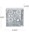 Front view of Four Inch Square Electrical Box With 2-1/8 Inch Depth And 1/2 And 3/4 Inch Side Knockouts Welded Gray 25 Pack